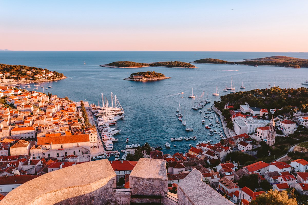 Aerial view of Hvar town and harbour, Croatia